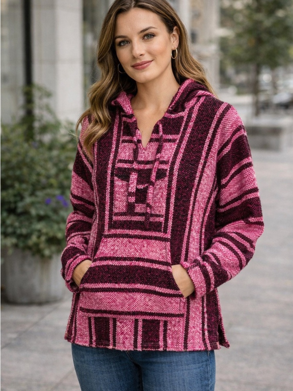 Baja Hoodie Women Size Small Pink Striped Pullover Boho Beach Artesanias Mickey